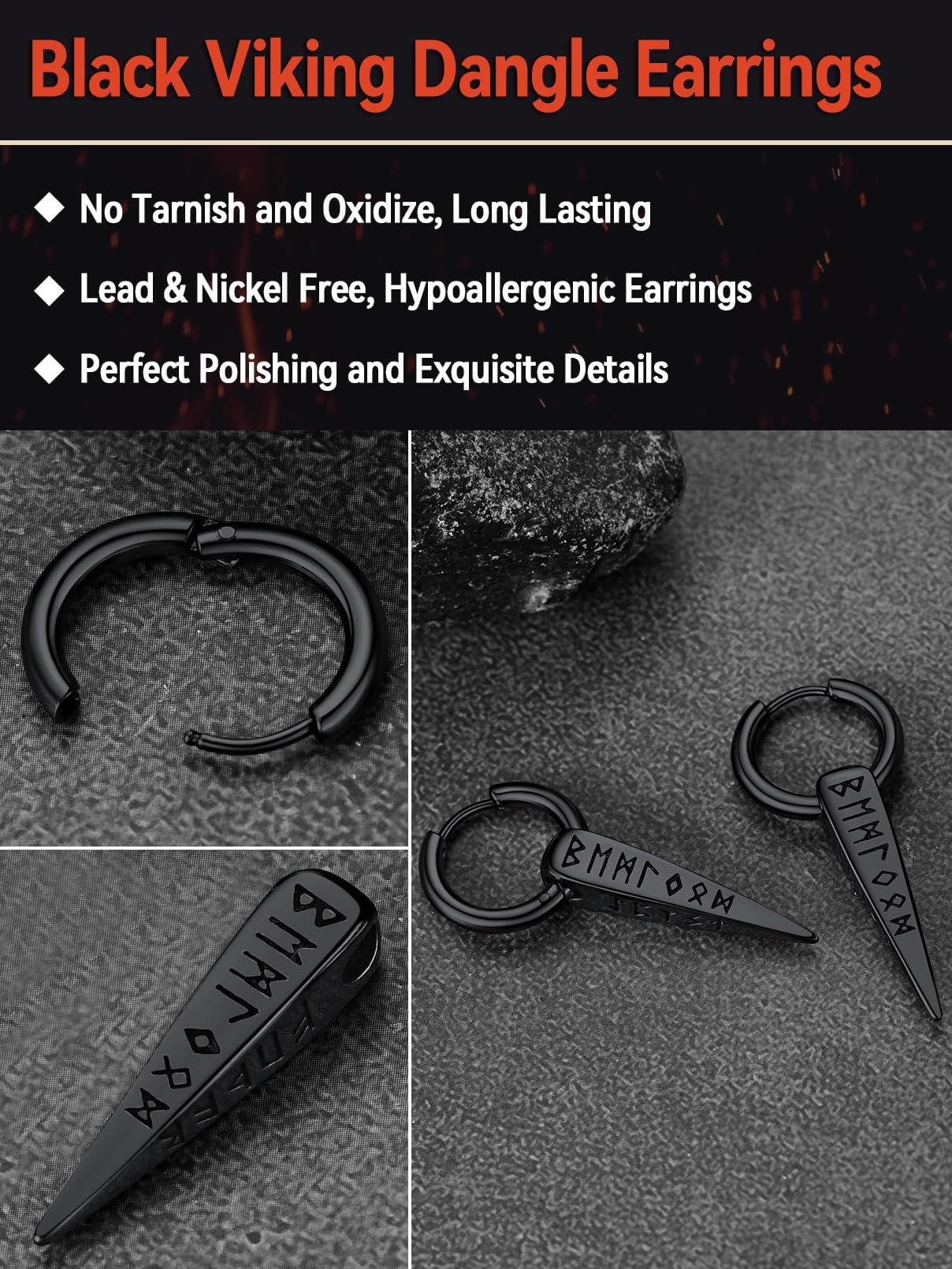 FaithHeart Viking Runes Spike Dangle Huggie Hoop Earrings for Men Black