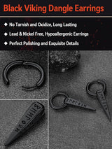 FaithHeart Viking Runes Spike Dangle Huggie Hoop Earrings for Men Black