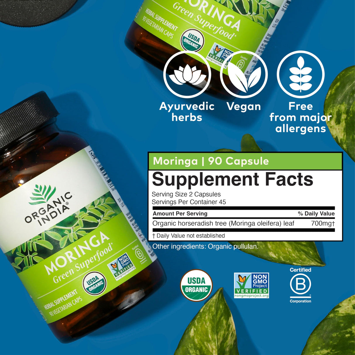 ORGANIC INDIA Moringa Capsules Organic - Moringa Supplement - Green Superfood, Moringa Leaf Capsules, Pure Supergreen, Vegan Greens, Nature's Multivitamin, Vegan, Gluten-Free - 90 Capsules