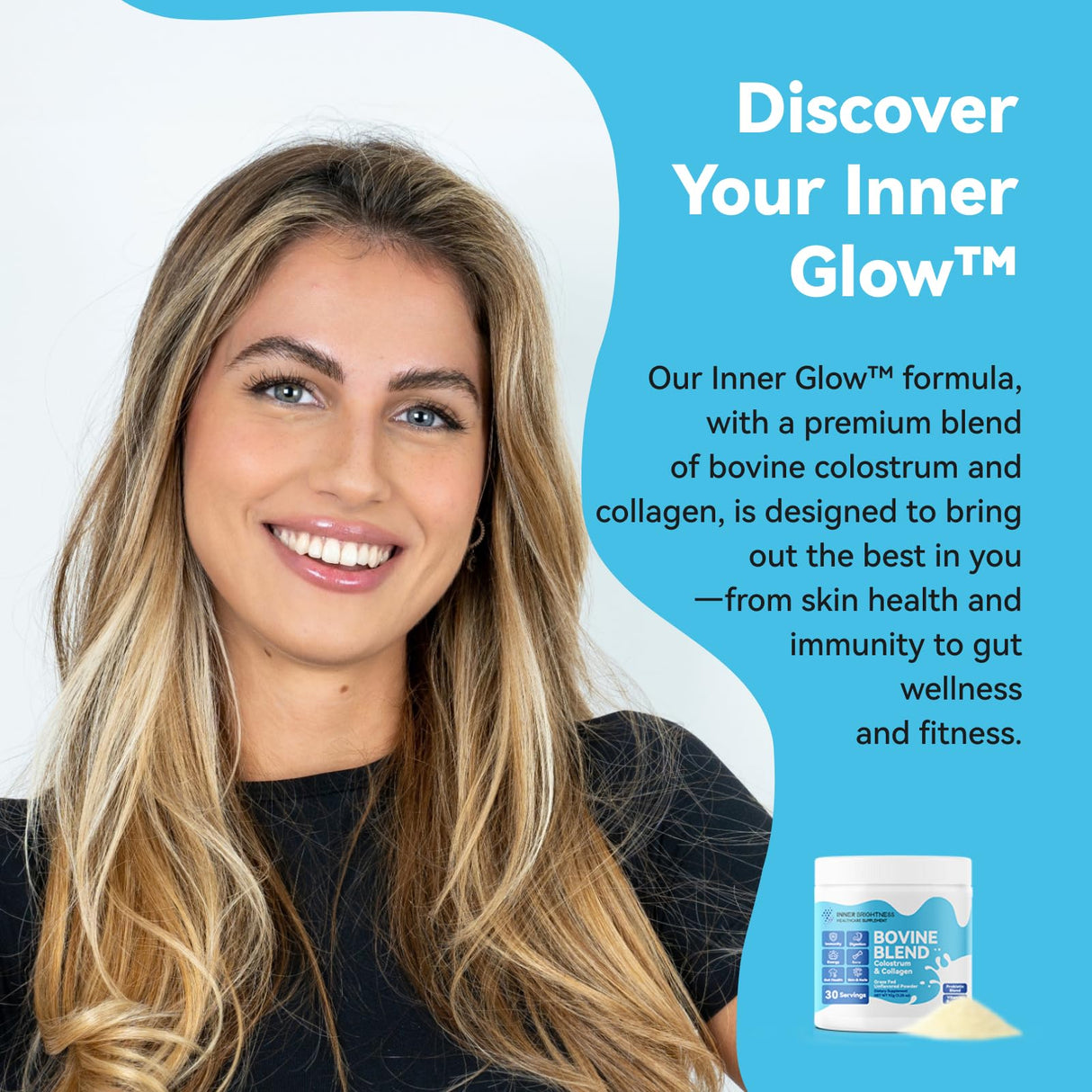 Inner Brightness Bovine Colostrum & Collagen Powder for Gut Health, Immune Support, Hair Growth & Beauty Supplement, Sugar Free – IgG, Probiotics, Vitamin B12, C, D3 – Unflavored, 30 Servings