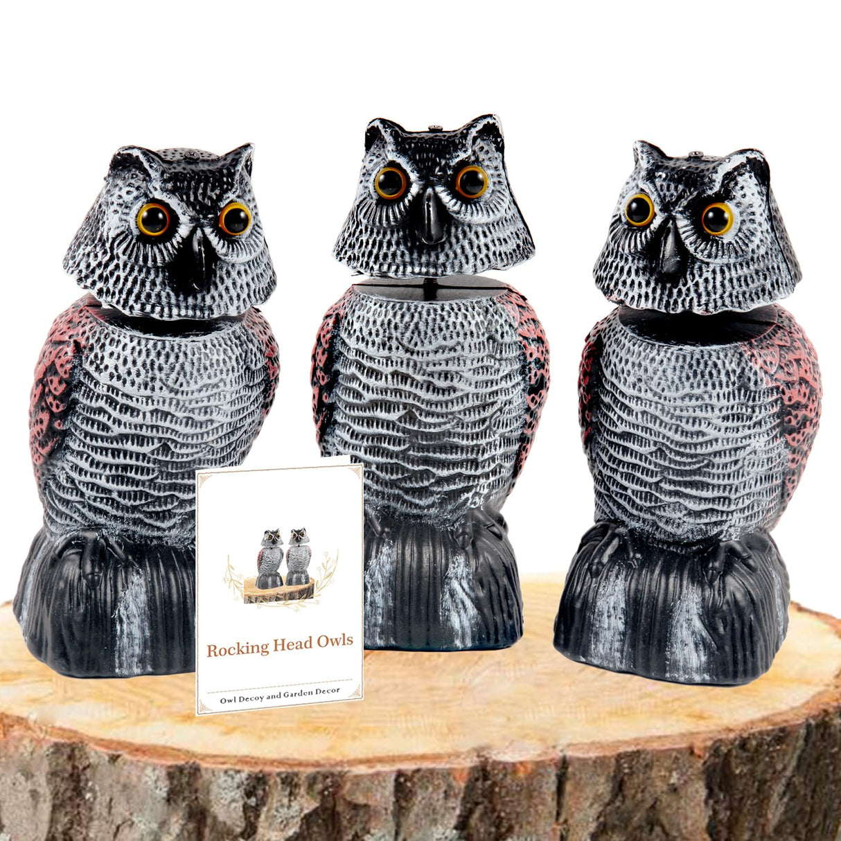 BobbleHead Owl Decoys Sculpture to Scare Birds Away, 3-Pack 8.3" Fake Owl Plastic Scarecrow Bird Deterrent, Natural Enemy Repellent, Garden Decor Statues for outside, Patio, Lawn, Yard Decoration