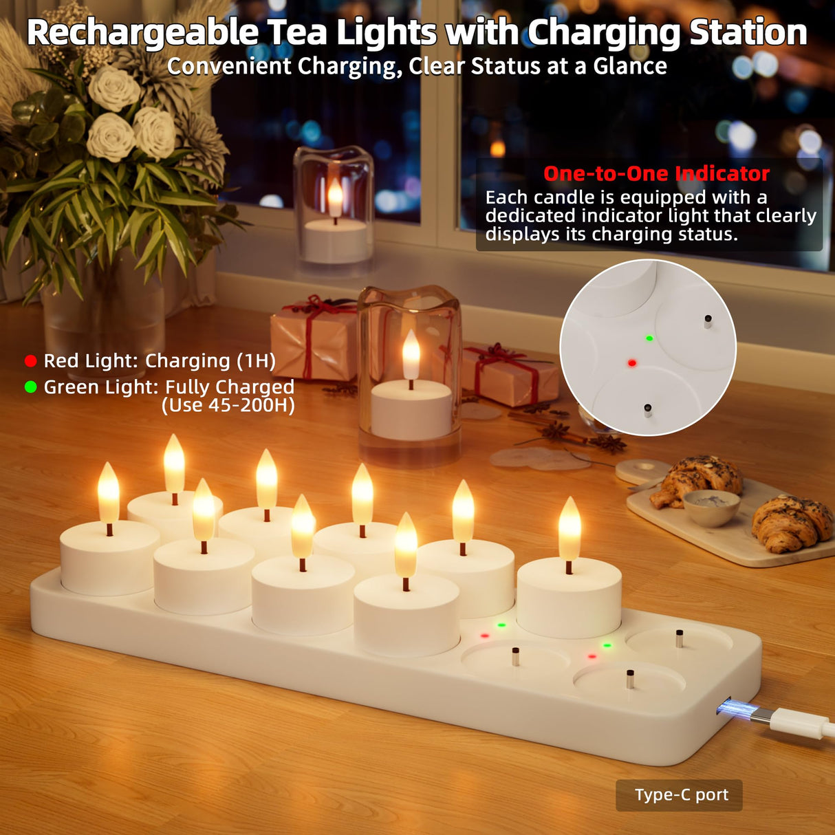 Rechargeable Flameless Tea Lights Candles with Charging Station 12Pcs Battery Tea Lights Candles with Remote & Timer LED Tealight Flickering Realistic for Home Christmas Wedding Decor - White