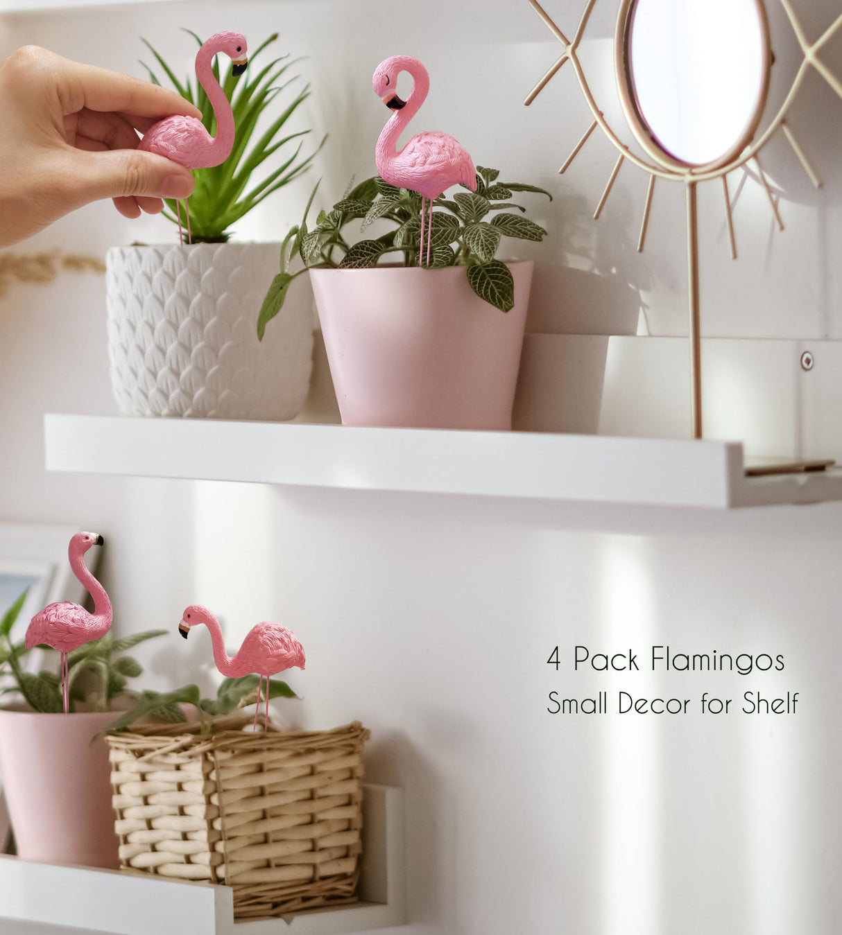 PEGZOS Mini Flamingos Figurines with Stakes - Set of 4 Small Flamingos Garden Gifts for Women Resin for Flower/Plant Pot Decorations - Miniature Fairy Garden