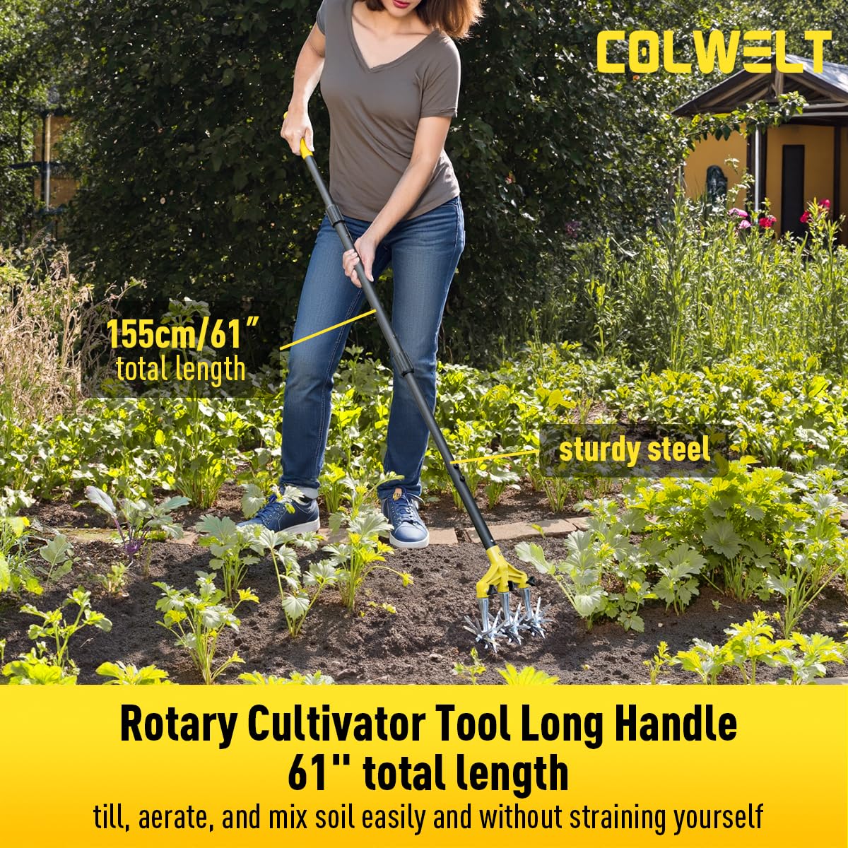 Colwelt Rotary Cultivator Garden Tool 61’’, Hand Tiller Garden Tool with Detachable Aluminum Tines, Cultivators for Gardening Soil or Reseeding Grass, Manual Cultivators & Tillers for Flowers Beds