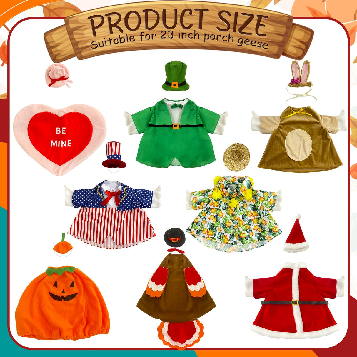 Bailiyake 8 Set Holiday Porch Goose Outfits Summer 4th of July Fall Halloween Christmas Valentine's Day St. Patrick Easter All Seasons Theme Goose Costume for 23" Goose Patio Yard Decor (All Seasons)