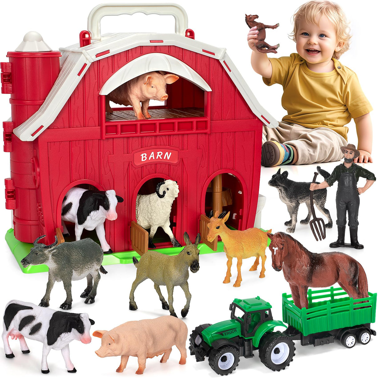 Farm Animals Toys for 1 2 3 4 5 Year Old Toddlers Girls Boys, Big Red Barn Farm Playset with Figures Animals and Tractor Toy for Kids 3-5, Educational Learning Toys, Christmas Birthday Easter Gifts