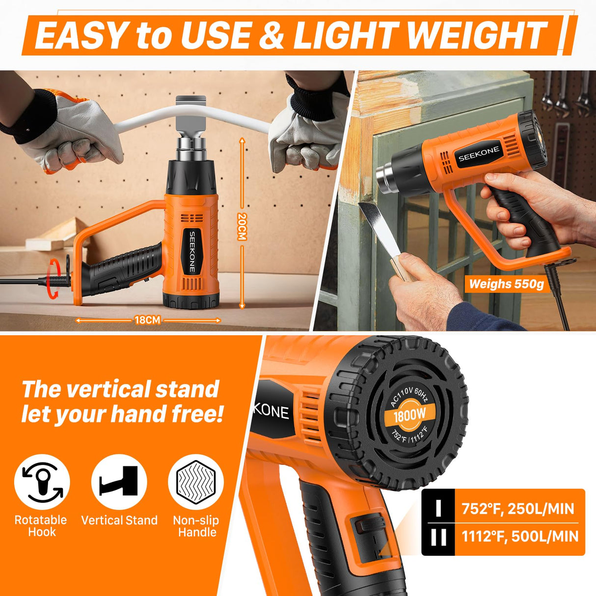 SEEKONE Heat Gun 1800W Heavy Duty Fast Heat Hot Air Gun Kit with 752℉&1112℉（400℃-600℃） Dual-Temperature Settings and 4 Nozzles with Overheat Protection for Crafts, Shrinking PVC, Stripping Paint