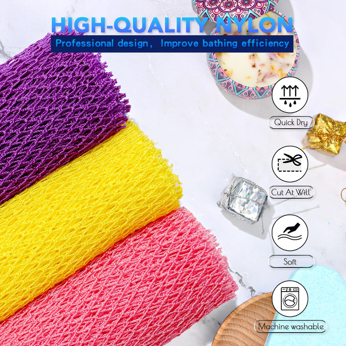 3 Pack African Net Sponge – Real Authentic Exfoliating Bath Sponges for Silky Smooth Skin, Deep Cleansing Mesh for Full Body, Quick-Drying & Travel-Friendly（Yellow Pink Purple）