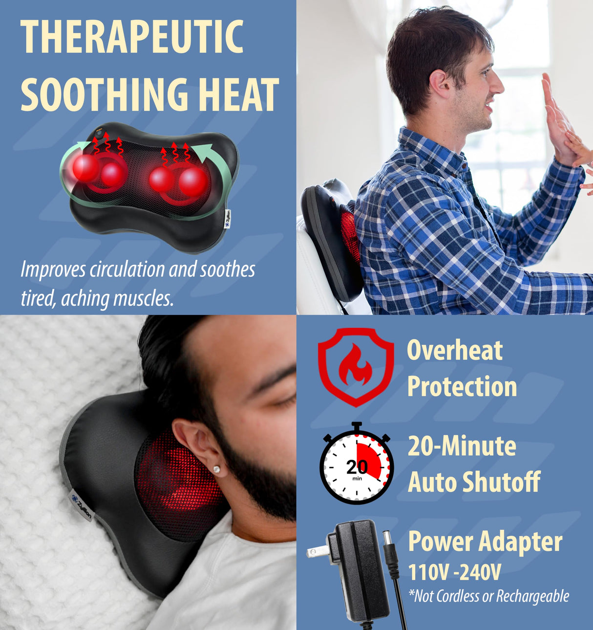 Zyllion Shiatsu Back and Neck Massager with Heat (FSA HSA Eligible) 3D Kneading Deep Tissue Massage Pillow for Muscle Pain Relief, Arthritis, Sciatica, Plantar Fasciitis on Shoulder, Leg, Foot, ZMA-13