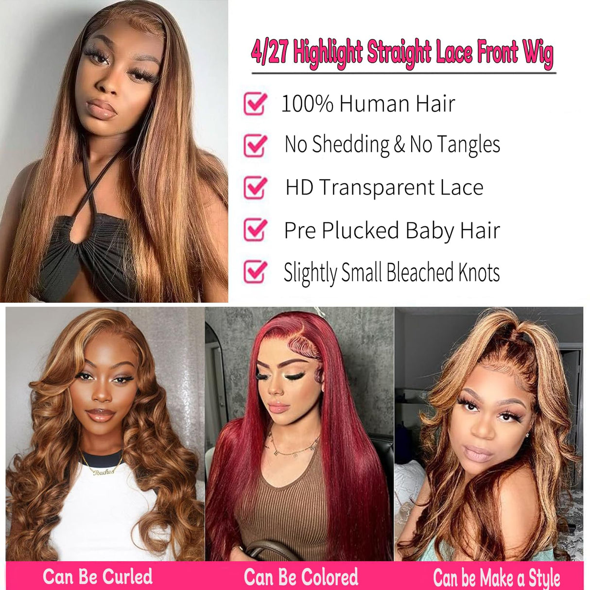 Highlight Ombre Lace Front Wig Human Hair 28Inch Honey Blonde Lace Front Wigs Human Hair 13x6 HD Lace Front Wig Human Hair 180% Density 4/27 Colored Straight Human Hair Pre Plucked with Baby Hair