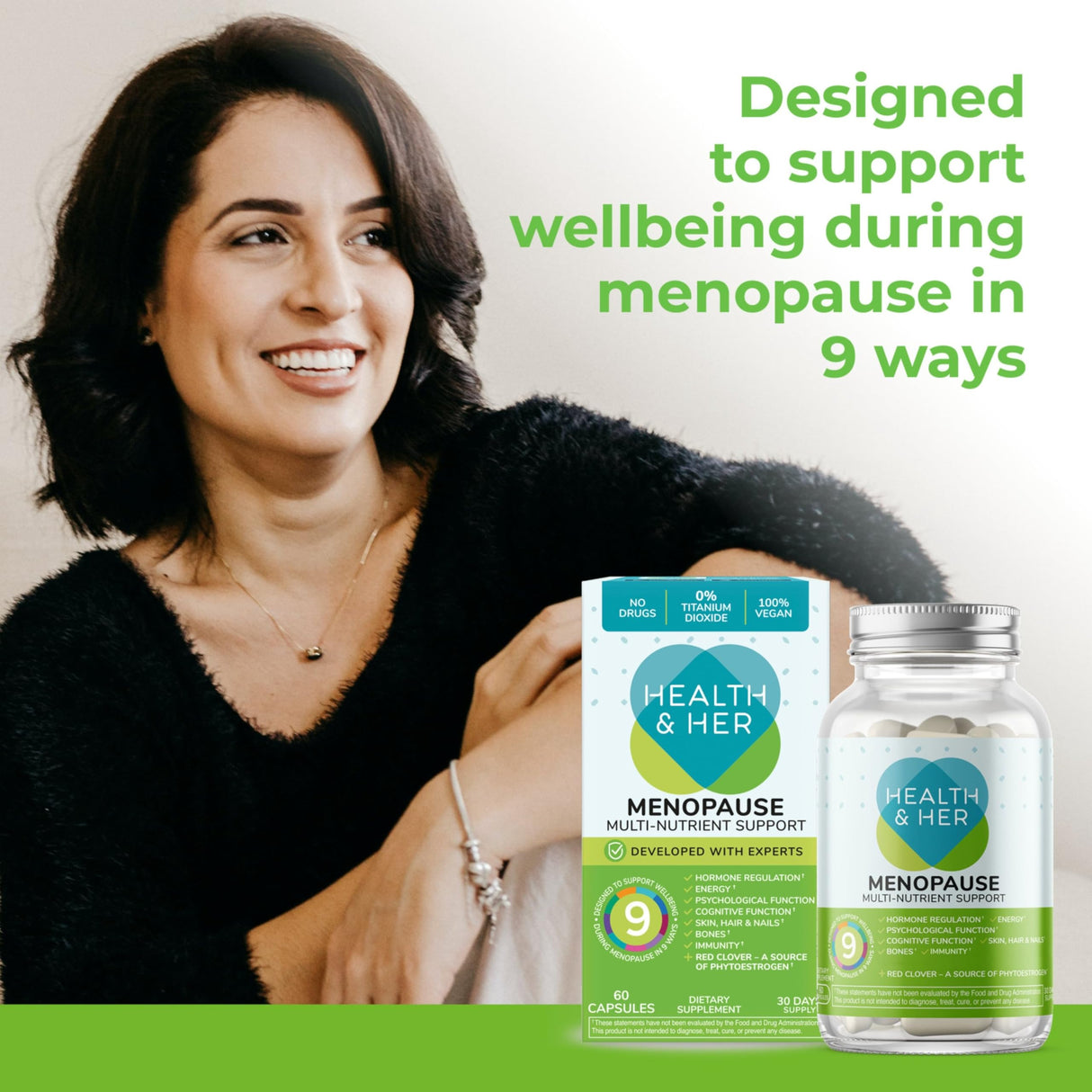 Health & Her Menopause Supplements for Women - Multi-Nutrient Support, Menopause Vitamins for Energy, Bones, Muscles, Skin & Hair, Vegan, Gluten-Free, Non GMO (60ct - 1 Month)