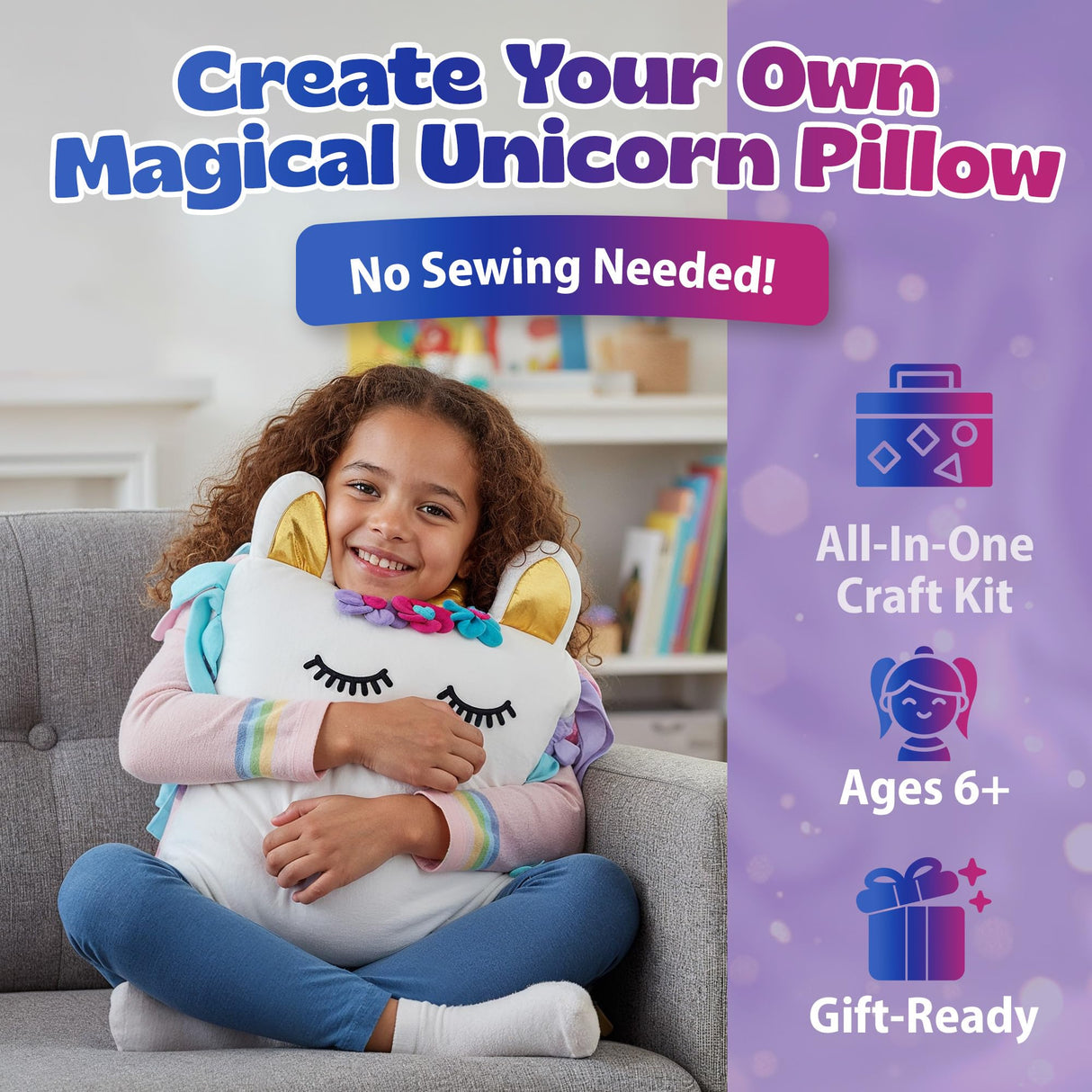 Pinwheel Crafts White Unicorn Pillow Kit Ages 8–12 | Beginner Sewing kit for Kids with Felt Unicorn Pieces, Thread, Needle & Stuffing | DIY Kids Sewing Craft for Creative Girls & Boys