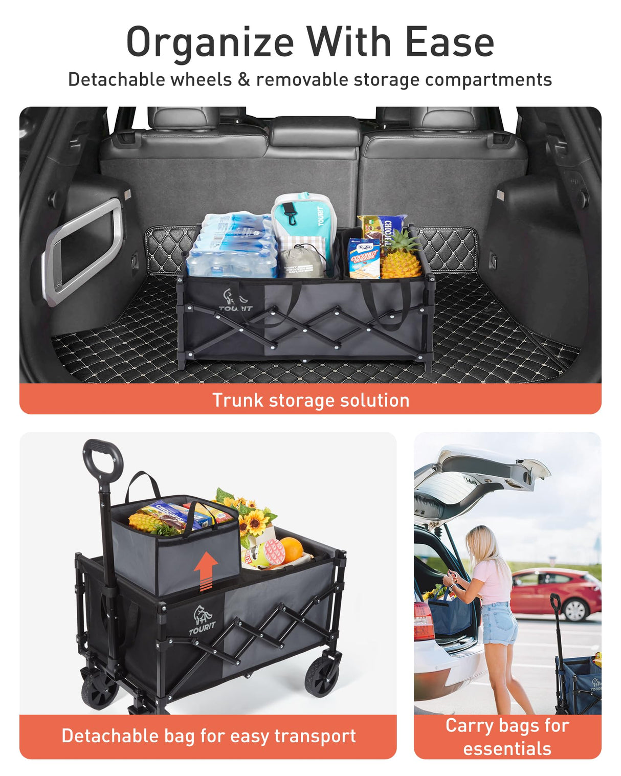 TOURIT Foldable Collapsible Wagon with All Terrain Wheels, Heavy Duty Portable Cart for Camping Beach Shopping, 330 lbs Capacity Utility Cart, Black