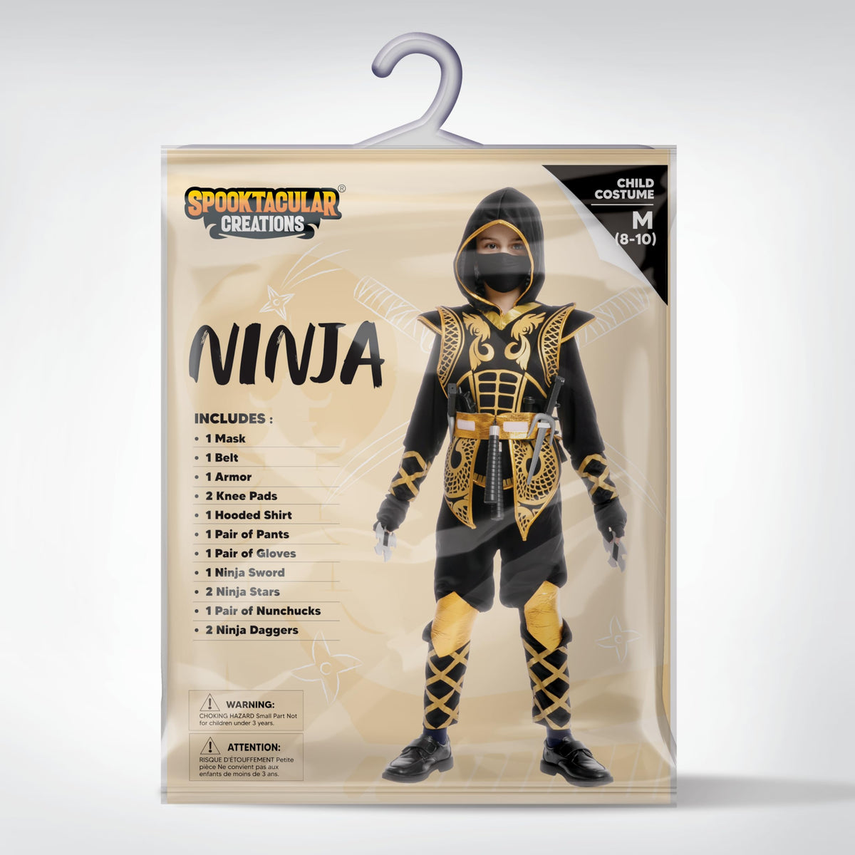 Spooktacular Creations Golden Ninja Costume Set, Ninja Jumpsuit with Foam Accessories for Kids, Toddler Halloween Outfit for Ideas Cosplay Party (Medium, 8-10 yrs)