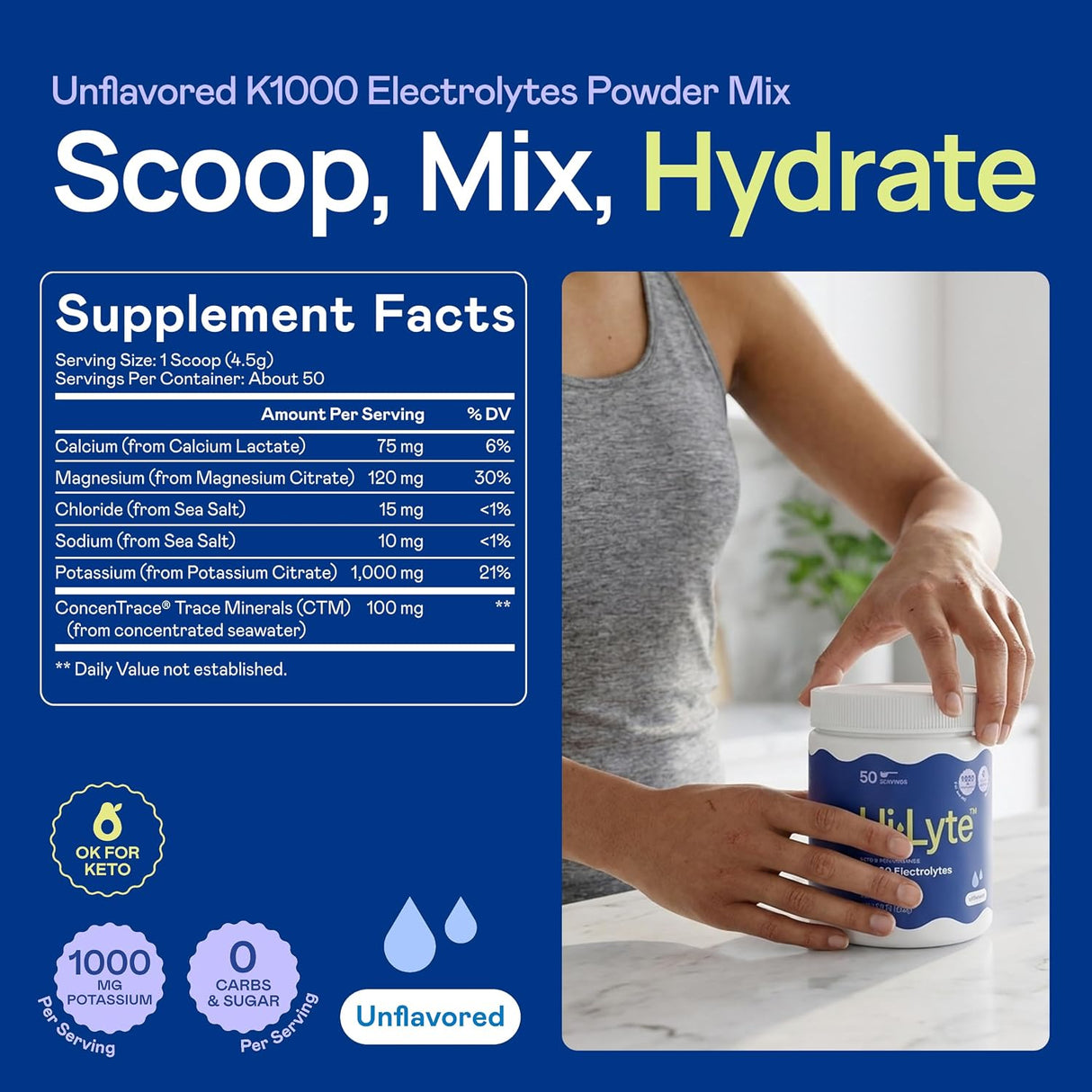 Hi-Lyte Keto K1000 Electrolyte Powder | Unflavored | Hydration Supplement Drink Mix | Boost Energy & Beat Leg Cramps | No Maltodextrin or Sugar | 50 Servings