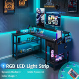 Lufeiya L Shaped Gaming Desk with Fabric Drawers and Storage Shelves, 47 inch Home Office Desk with Monitor Stand, Computer Desk with LED Lights and Power Outlets, Black