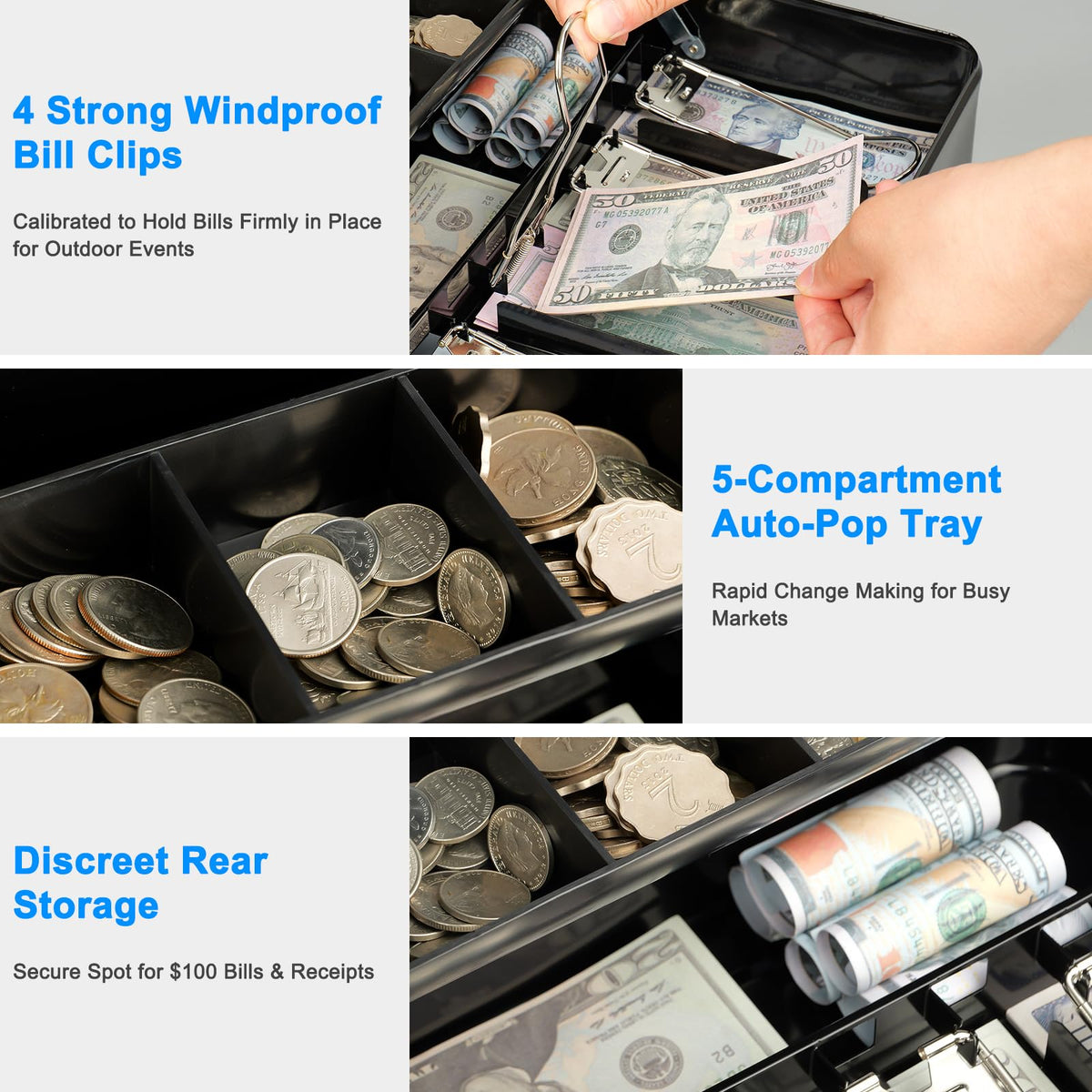 KYODOLED Cash Box with Money Tray and Key Lock, 1mm Thick Metal Cash Drawer