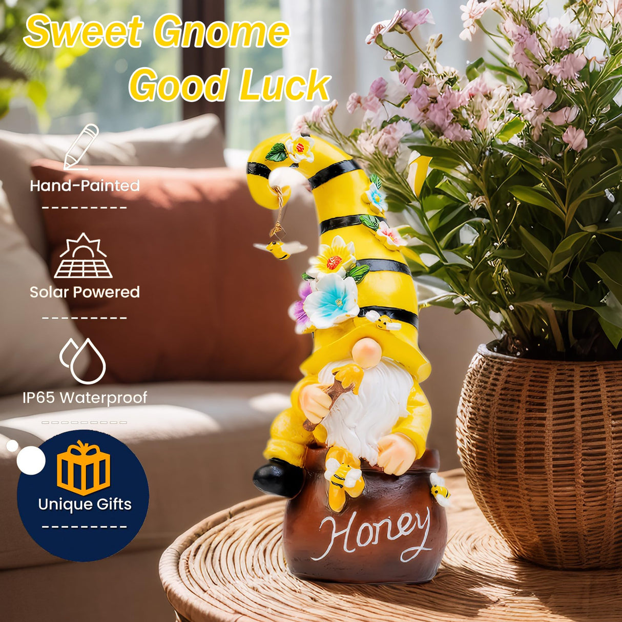 twinbling Birthday Gifts from Daughter Son - 13" Garden Solar Spring Gnomes Statues Outdoor Spring Decor with LED Lighted Bee and Flowers Funny Garden Sculpture for Patio Yard Lawn Decorations Gifts