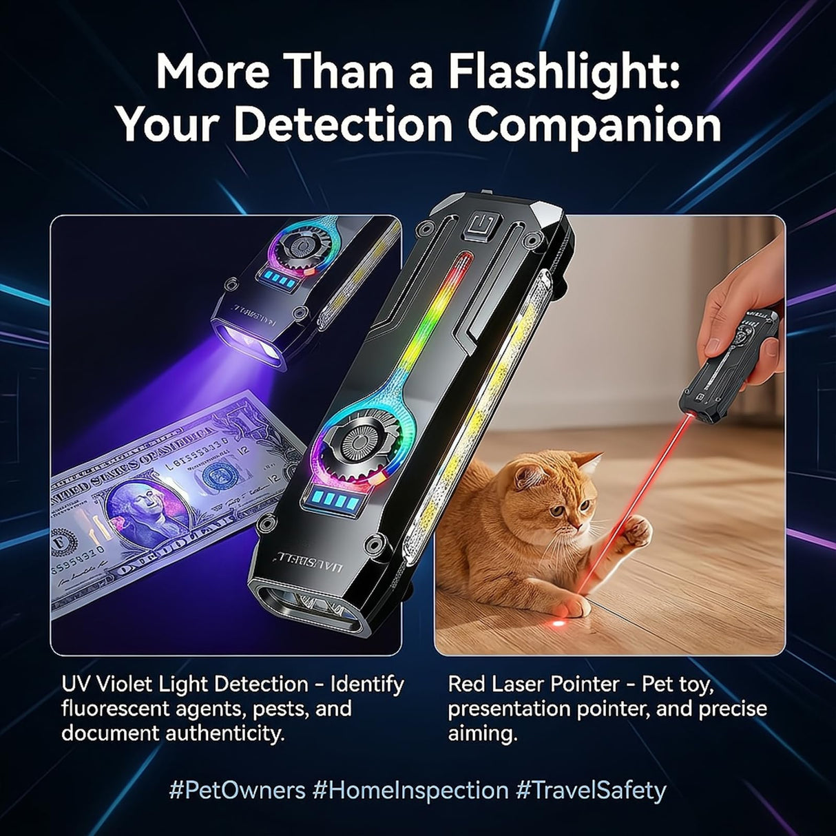 Flat EDC Flashlight, 1800 Lumens Rechargeable Pocket Light with UV & RGB, Stepless Dimming Magnetic Work Light Slim Stainless Steel Flashlight with Red Light for Cats, USB-C for Camping Home Emergency