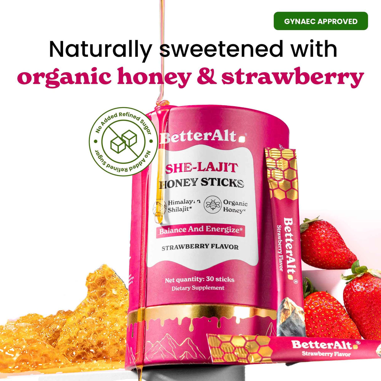BetterAlt SHE-Lajit Strawberry Honeysticks|Shilajit for Women with Shatavari & Saffron for hormonal Balance & Energy Boost|Tasty Shilajit Honeysticks with Goodness of Pure Himalayan Shilajit|30 Sticks