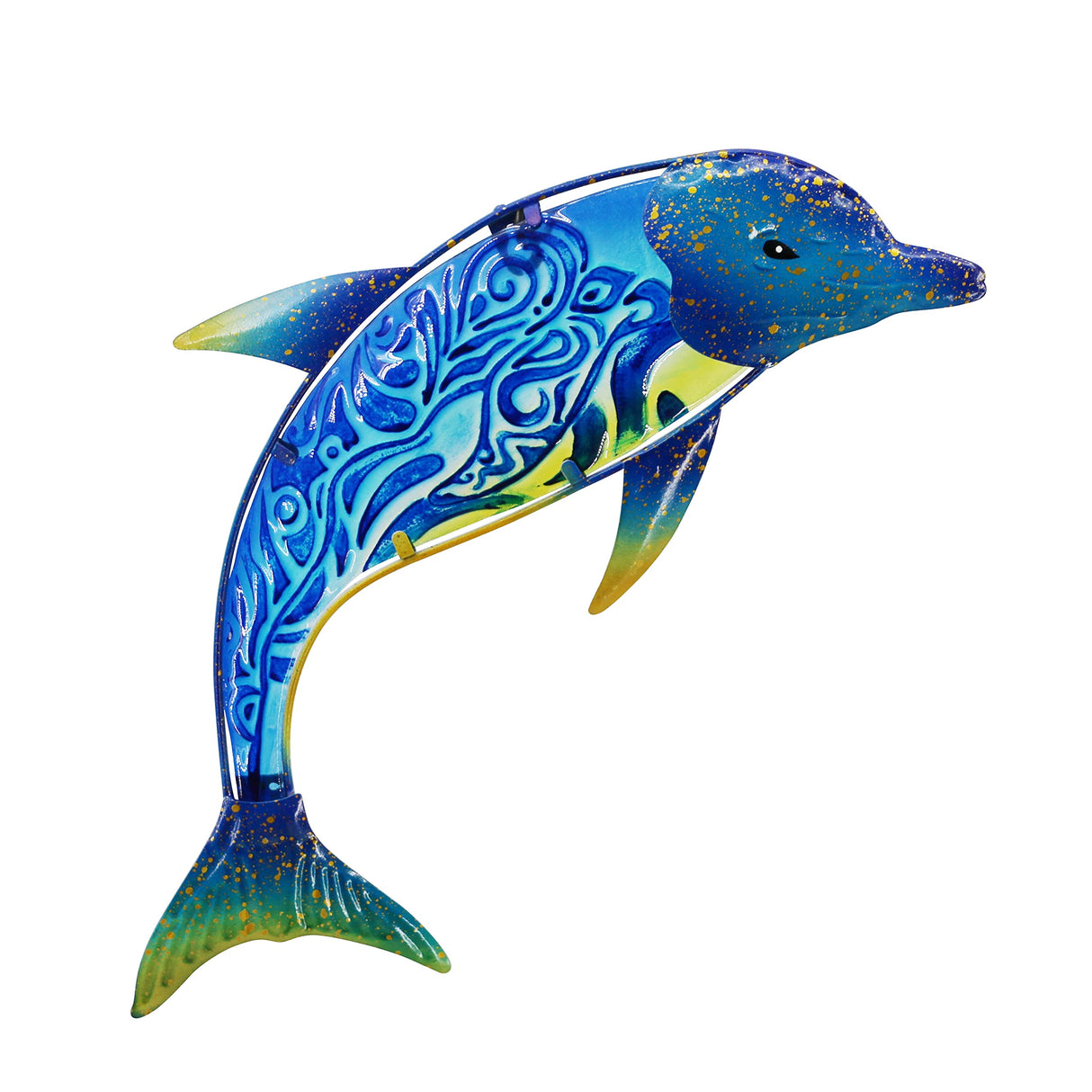 John's Studio Dolphin Wall Decor Outdoor Metal FIsh Sea Hanging Art Glass Sculptures Home Ocean Theme Decorations for Living Room, Bedroom, Yard, Fence and Patio - 17.5 Inches