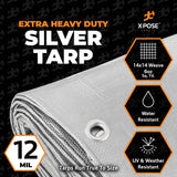 Heavy Duty Silver Poly Tarp 50' X 50' - Multipurpose Protective Cover - Durable, Waterproof, Weather Proof, Rip and Tear Resistant - Extra Thick 12 Mil Polyethylene - by Xpose Safety