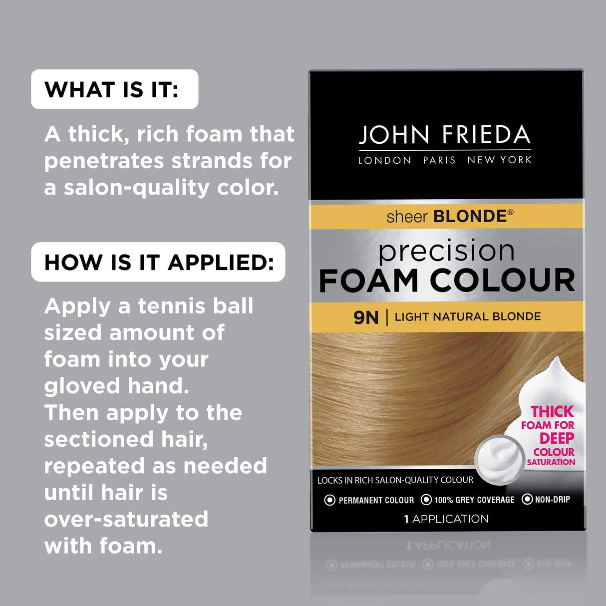 John Frieda Precision Foam Colour, Light Natural Blonde 9N, Full-Coverage Hair Color Kit, Anti-Fade Gray Coverage, Deep Color Saturation Hair Dye, 1 Application