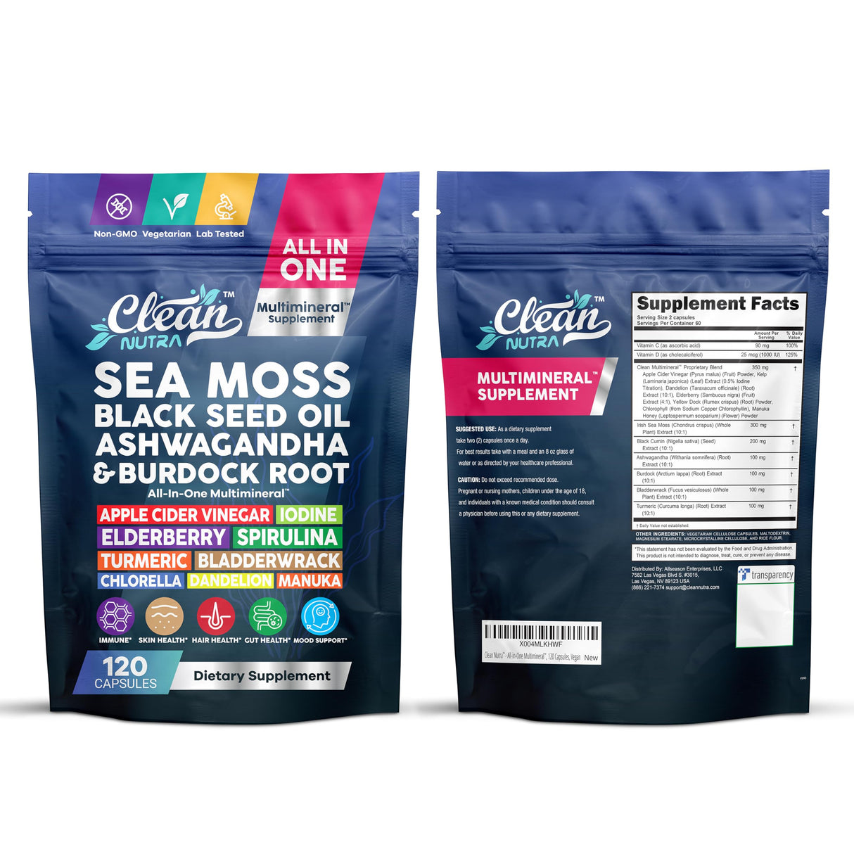 Clean Nutraceuticals Sea Moss Black Seed Oil Ashwagandha Turmeric Bladderwrack Burdock & Vitamin C Vitamin D3 with Elderberry Manuka Dandelion (120 Count (Pack of 1))