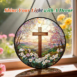 Cross and Wildflowers Stained Glass Sun Catcher,Christian Suncatchers Window Hanging Flower Cross Gift for Religious Home Decor, Easter Faith Christmas Christian Gifts for Mom 7.8 Inch