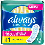 Always Ultra Thin Pads for Women, Size 1 Regular Absorbency Without Wings Unscented, 44 Count x 3 Packs (132 Count total)
