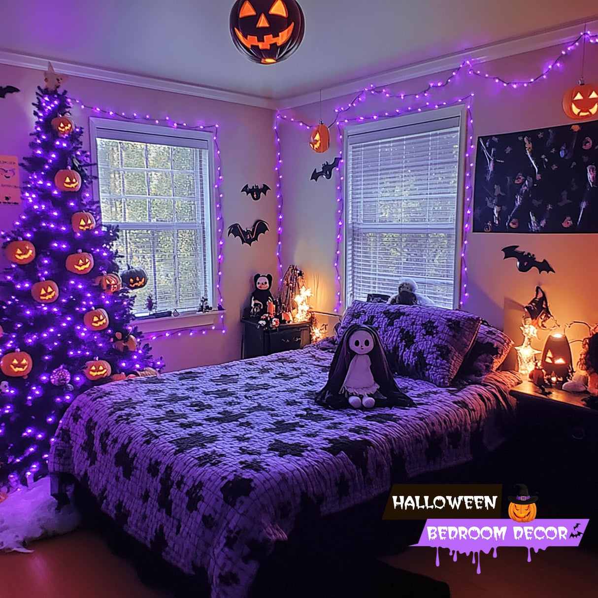 JMEXSUSS 500 LED Purple Halloween Lights, 173ft 8 Modes Halloween String Lights Outdoor Waterproof, Green Wire Purple LED Christmas Tree Light for Indoor Party House Christmas Decorations