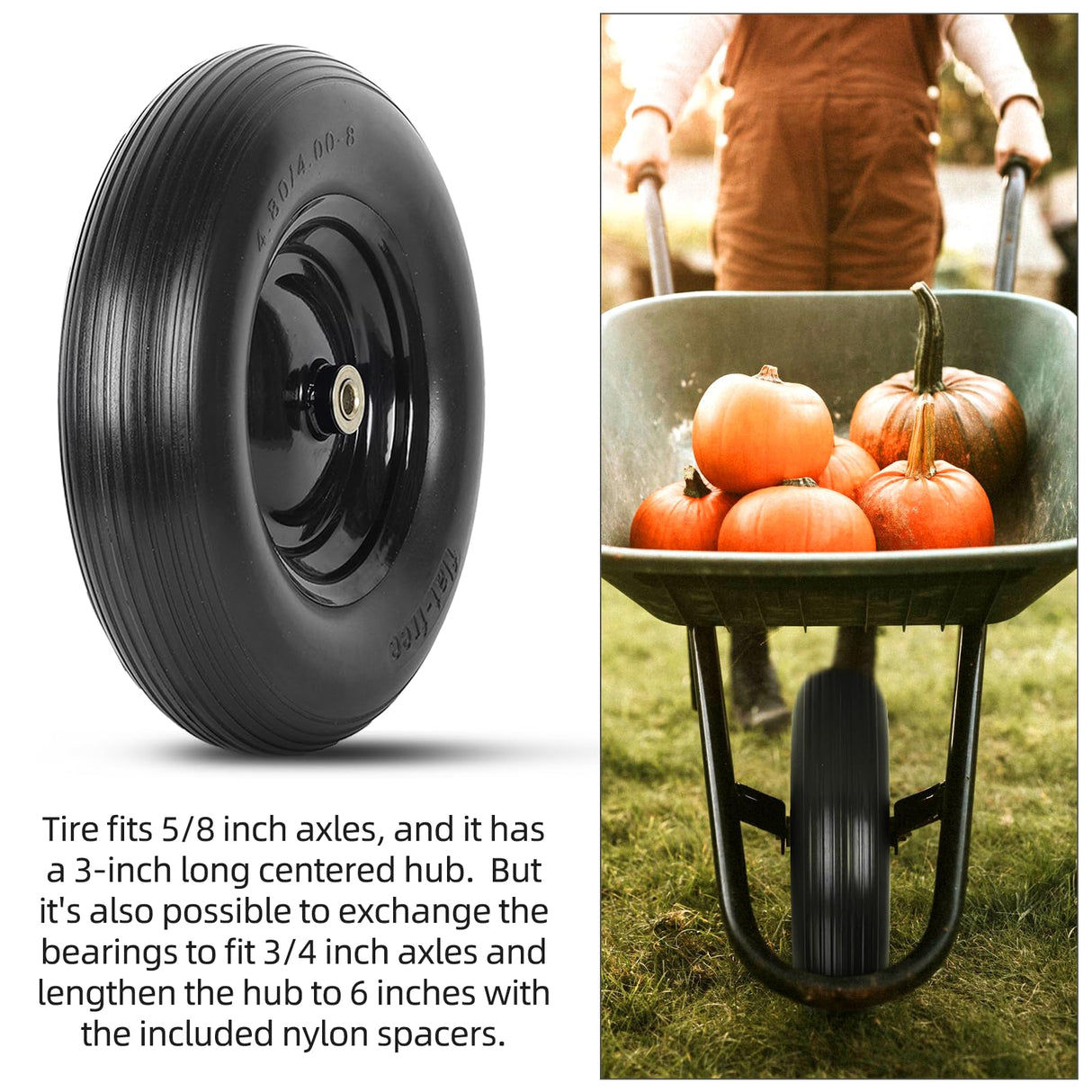 (2-PACK) 4.80/4.00-8" Tire and Wheel - Universal Fit 16" Flat Free Solid Wheelbarrow Tires with 3" Hub and 5/8" Bearings – Extra Adapter kit includes 3/4" Ball Bearings, 1" and 1/2" Nylon Spacers