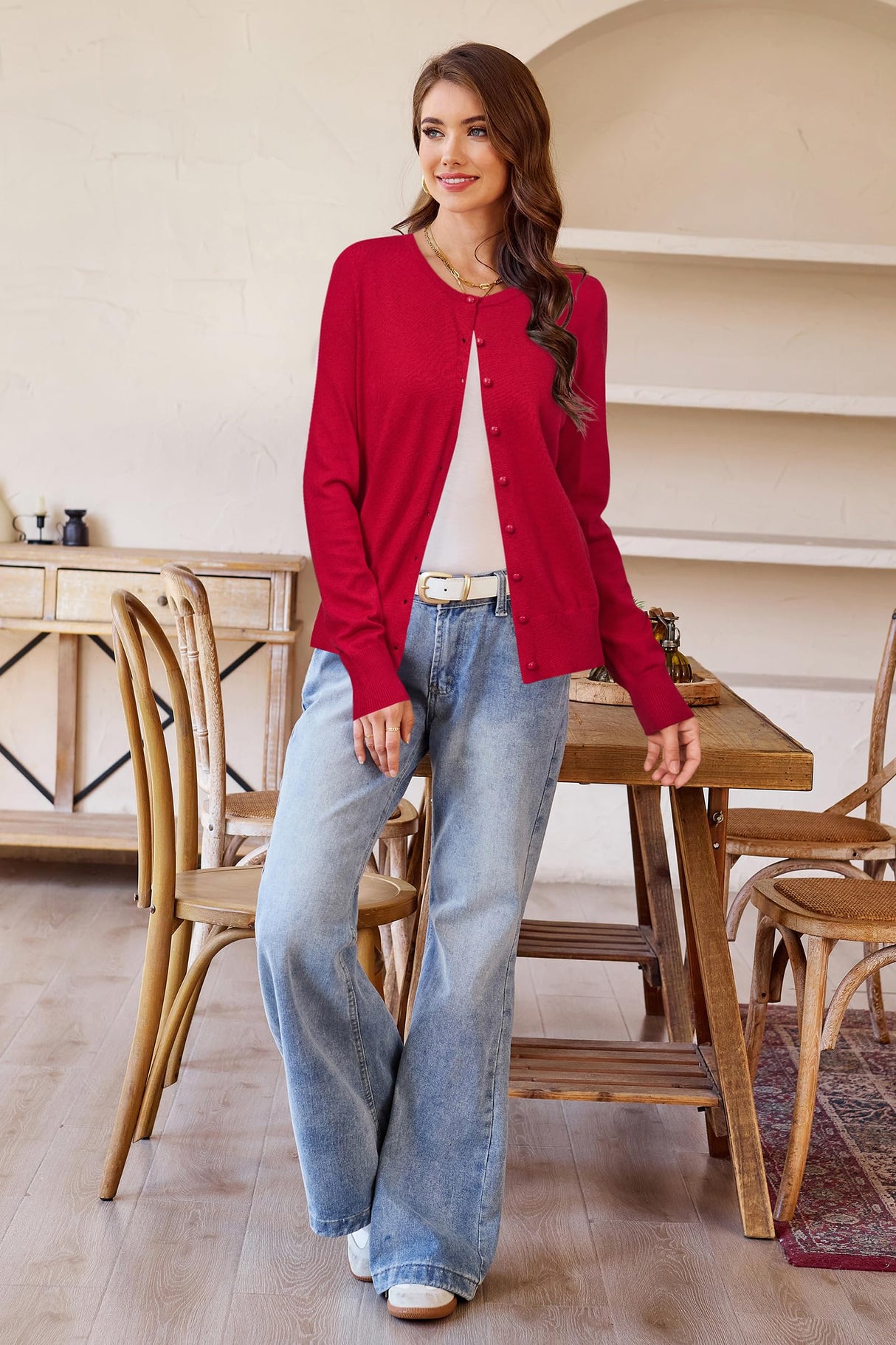 Newshows Women's 2025 Business Cardigan Lightweight Button Down Long Sleeve Casual Crew Neck Soft Knit Fall Cardigan Sweater Christmas Tops(Purplish Red,Medium)