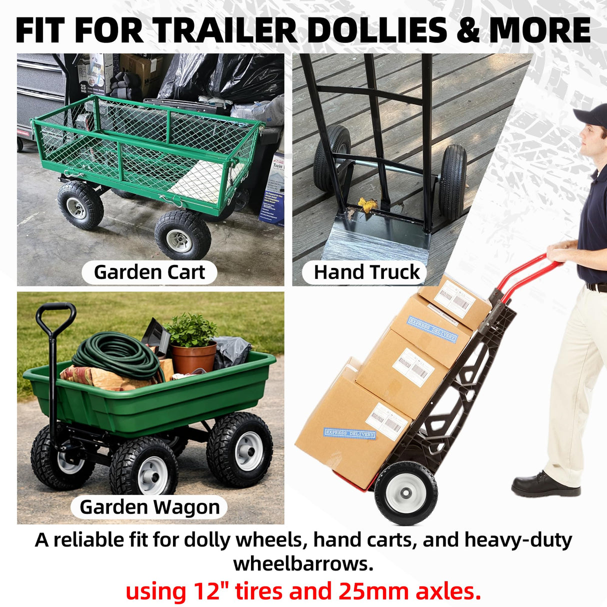 AR-PRO (2-Pack) 12" Flat-Free Solid Tire and Wheel, with 3-3/4" Centered Hub & 1" Bore, Fits 25mm Axle Shaft, Replacement Heavy-Duty Trailer Dolly & Utility Cart Wheel Set