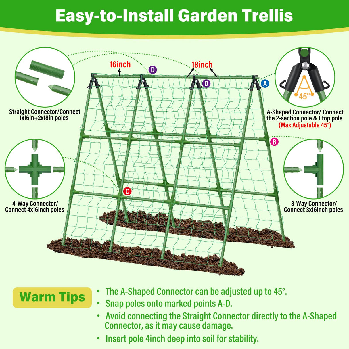 Sunwinx 53x51 Inch Cucumber Trellis for Raised Bed, Adjustable A-Frame Garden Trellis for Climbing Plants Outdoor with Climbing Net, Meal Plant Trellis for Vegetables Pea Bean Tomato Grape Squash