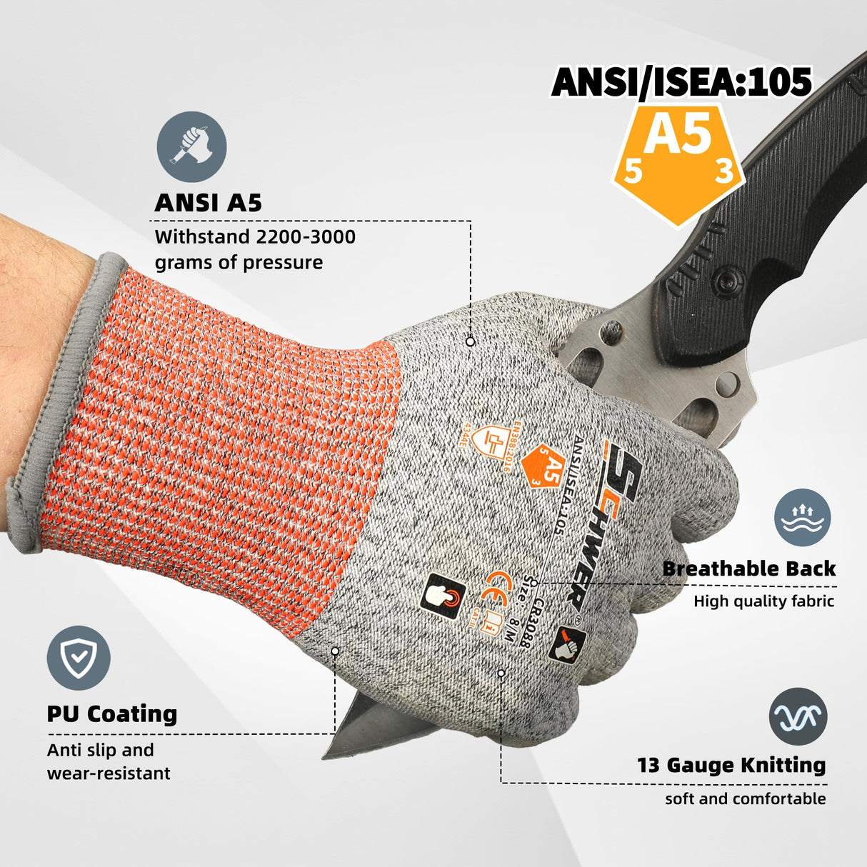 Schwer 12 Pair ANSI A5 Cut Resistant Work Gloves, Cut Proof Gloves with PU Coating, Used for Metal Fabrication, WoodWorking, Construction, Non Slip, Durable, Non PFAS，L