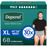 Depend Fresh Protection Adult Diapers, Incontinence Underwear for Men, Disposable, Maximum, Extra-Large, Grey, 68 Count (2 Packs of 34), Packaging May Vary