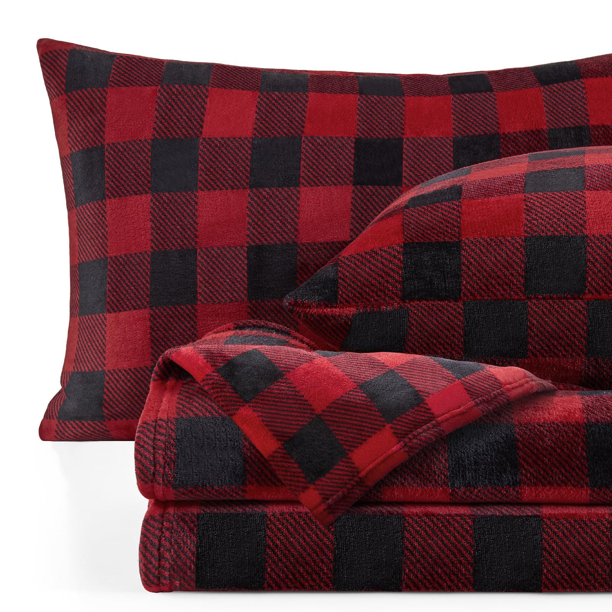 BEDELITE Flannel Sheets Queen Size Bed Set, Luxury Red and Black Plaid Christmas Bedding Set, Super Soft & Warm Fuzzy Fleece Sheets 4 Piece(Include Fitted Sheet, Flat Sheet, 2 Pillowcases)