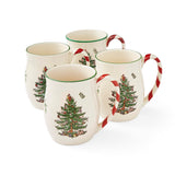Spode Christmas Tree 14 oz Holiday Mugs (Set of 4) - Festive Coffee Cups with Peppermint Candy Cane Handle, Stoneware Christmas Drinkware Ideal for Hot Cocoa, Holiday Tea & Winter Beverages