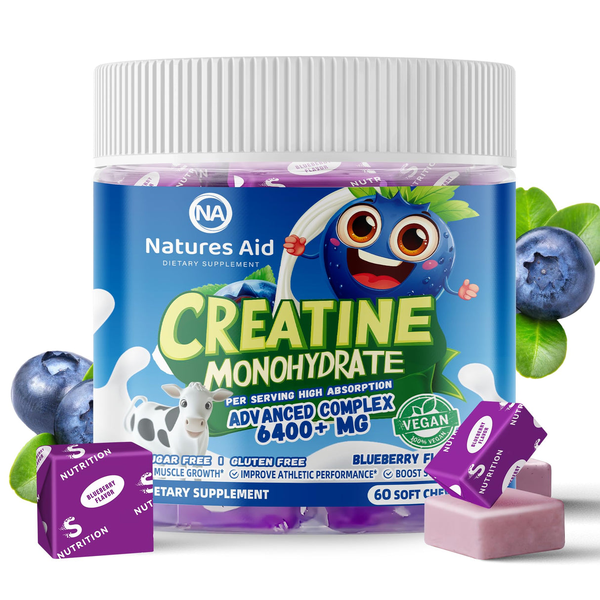 Creatine Monohydrate Chews Complex for Men & Women -Advanced Formula W/L-Taurine + Vitamin B12, Sugar Free Chewable Supplement,60 Blueberry Softchews