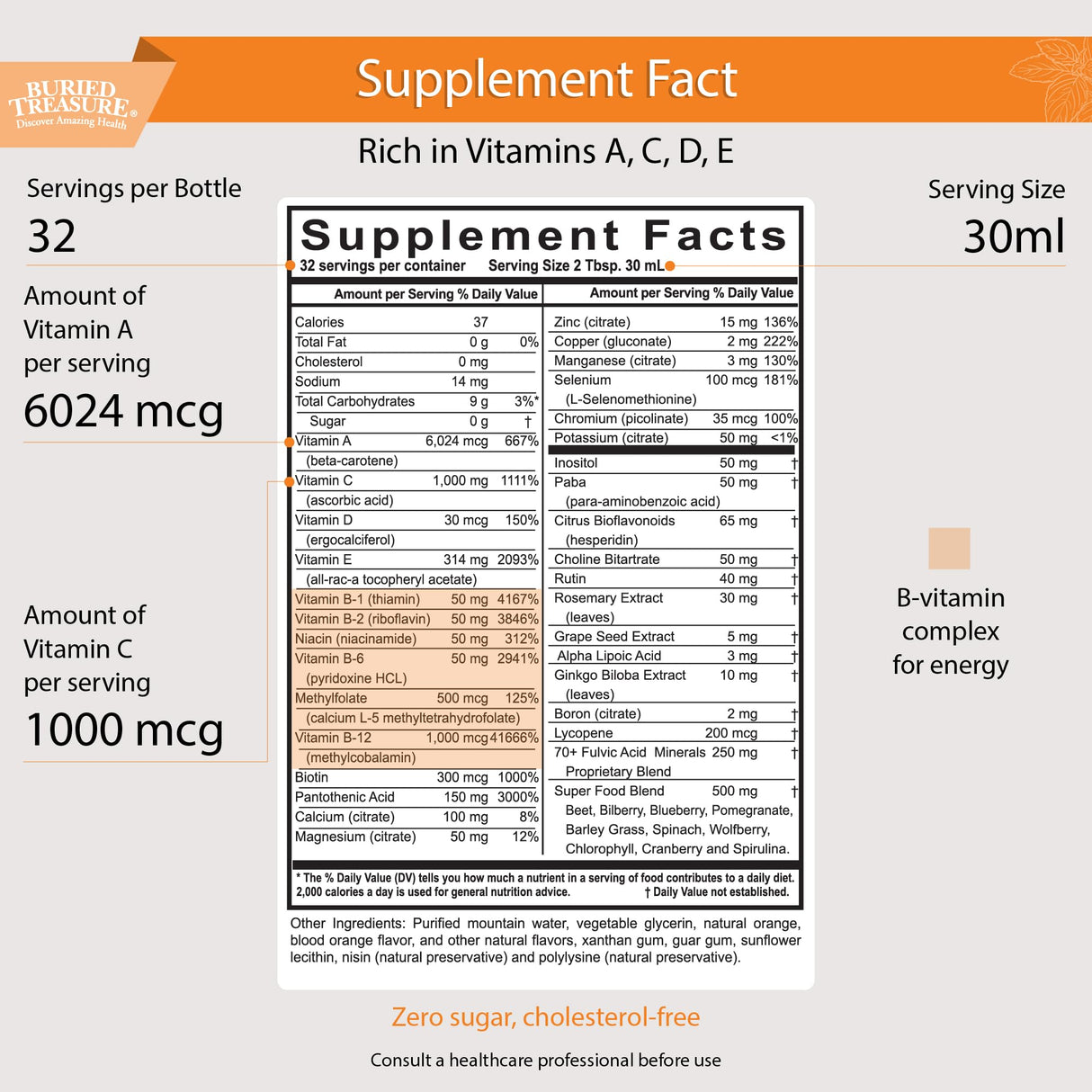 Buried Treasure VM100 Complete Daily Liquid Vitamins and Minerals plus Antioxidants Supplement for Maximum Absorption Great Tasting Orange Zest Flavor 32 Servings 32 Ounce