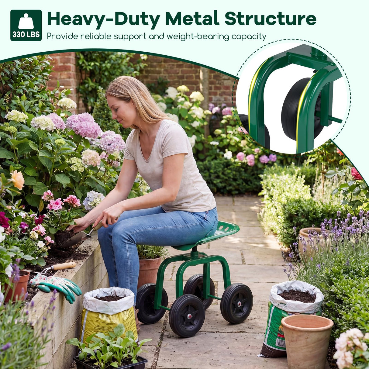 Goplus Garden Cart with Wheels, Utility Stool Cart w/Adjustable 360 Degree Swivel Seat, Outdoor Lawn Yard Rolling Work Seat, Garden Scooter for Planting (Green)