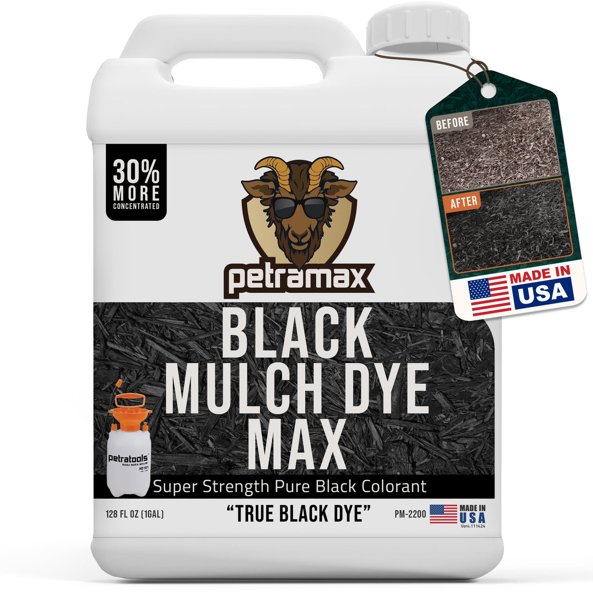 Petra Black Mulch Dye Spray Use with PetraTools Sprayer to Refresh Fading Landscape - Black Dye to Wood Mulch for Landscaping - Rubber, Pine Straw, Bark, Cedar & Playground Cover (14,400 Sq Ft, 1 Gal)
