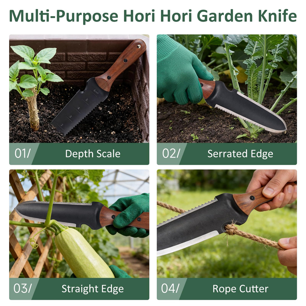 Griactrl Hori Hori Garden Knife with Measuring Scale, Heat-Treated Stainless Steel Blade, Ergonomic Wood Handle, Gardening Knife with Polyester Sheath for Weeding, Planting, Digging
