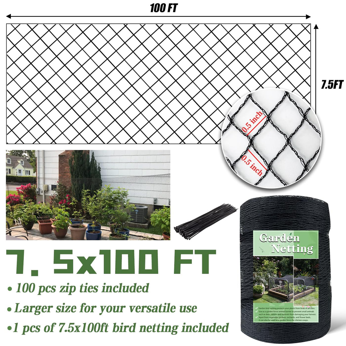 Hortifan 7.5 x 100 FT Bird Netting,1/2" Mesh Garden Netting,100PCS Zip Tie