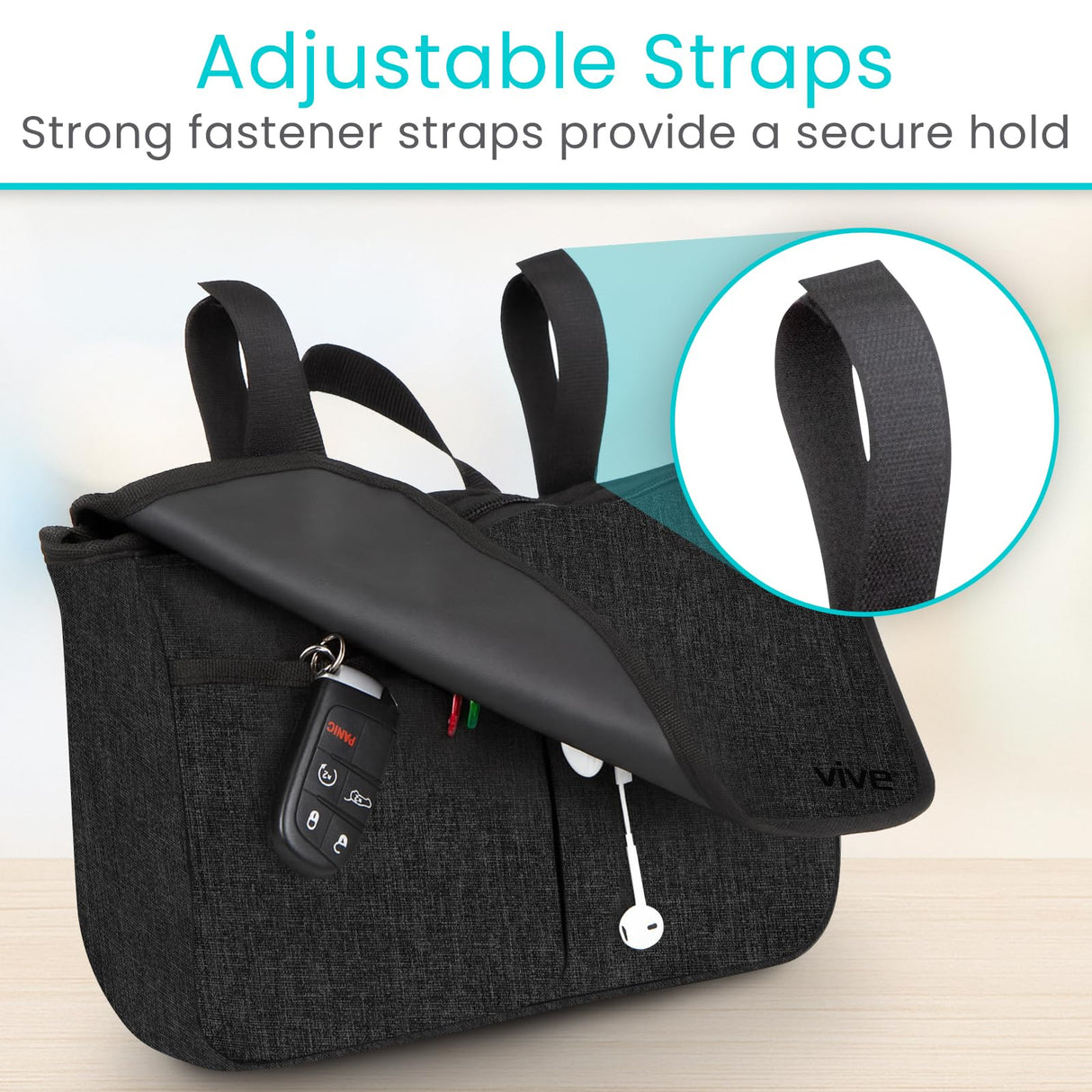 Vive Wheelchair Carry Bag - Arm Rest Pouch for Rollator, Walkers, Power Wheel Chairs and Knee Scooters - Side Storage Organizer for Elderly, Seniors, Adults (Black)