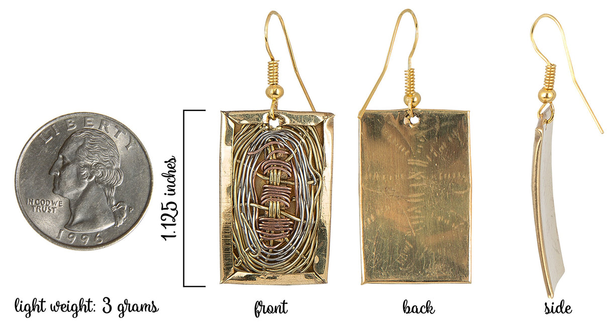 SPUNKYsoul Maya Mixed Metal Basket Weave Rectangle Dangle Earrings for Women, Lightweight Handmade Artisan Boho Statement Earrings, Copper Silver Gold Tone Jewelry Gift
