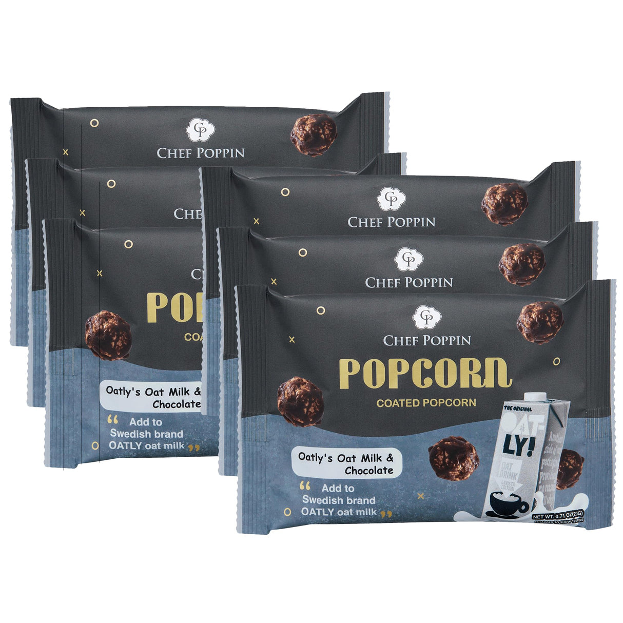 CHEF POPPIN Gourmet Flavored Popcorn, Non-GMO, Oatly's Oat Milk & Chocolate, 20g, 6 Pack, .71 oz each
