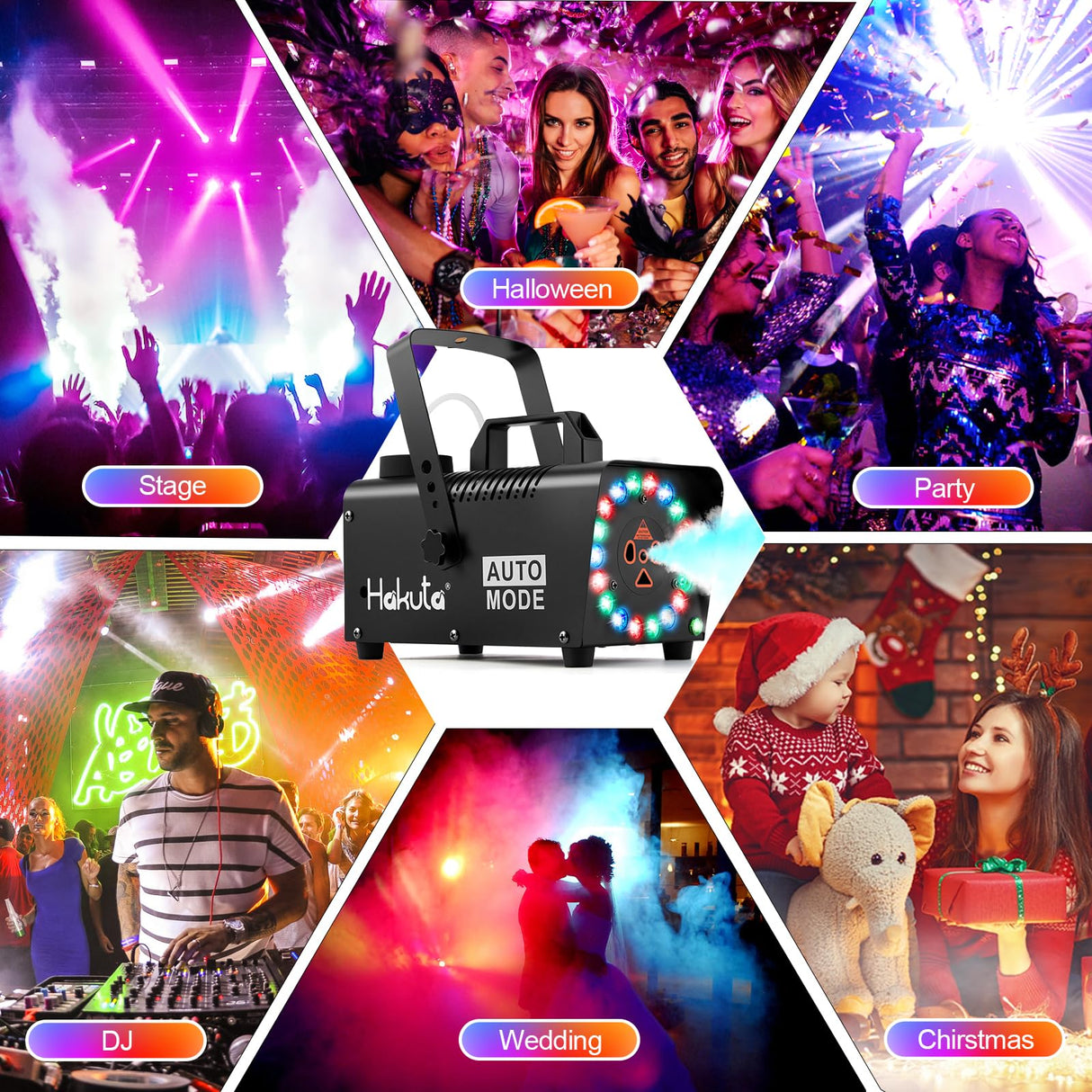 Hakuta Fog Machine, Smoke Machine with Racing, Jumping, Fading, Flashing LED Modes 18 Colorful LED Lights 2300 CFM Spray Automatic Smoke Machine, Great for Halloween, Christmas, Wedding and Parties