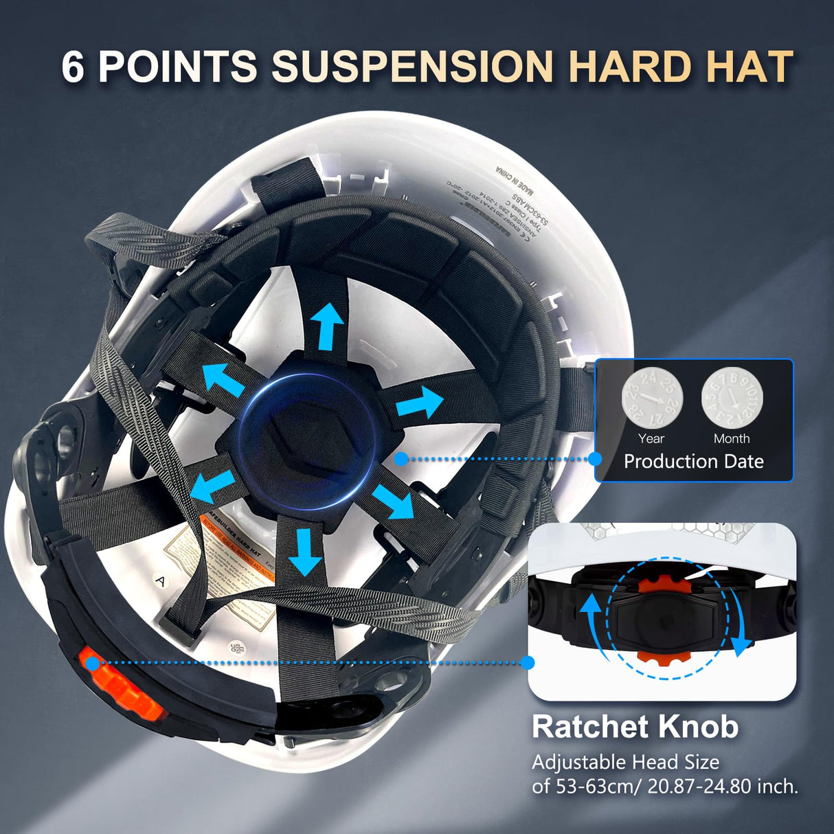 SAFEBUILDER ABS Work-at-Height and Rescue Hard Hat Construction Safety Helmet Slotted Ventilated w/Adjustable Ratchet 6-Point Suspension ANSI Z89.1-14 (01-White Safety Helmet)